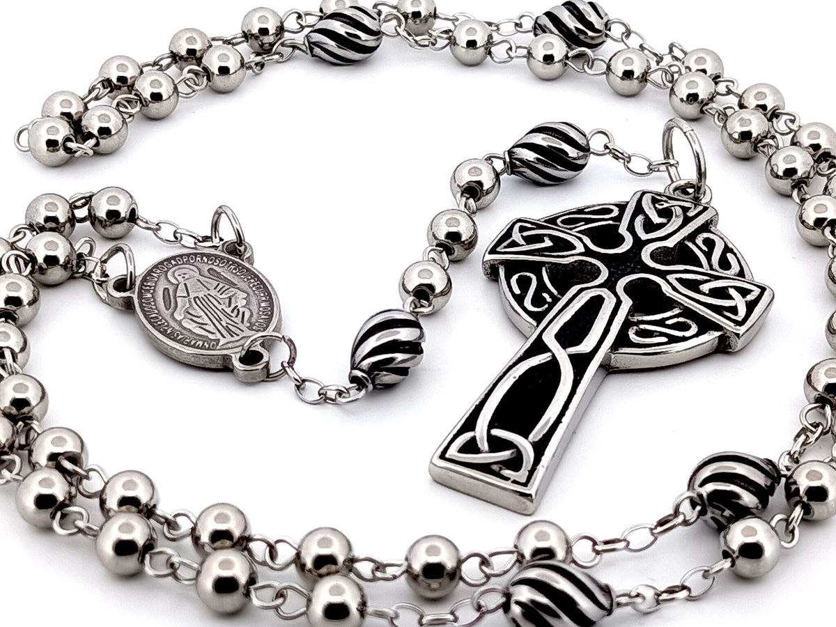 Miraculous Medal stainless steel unique rosary beads with stainless steel Celtic Cross.