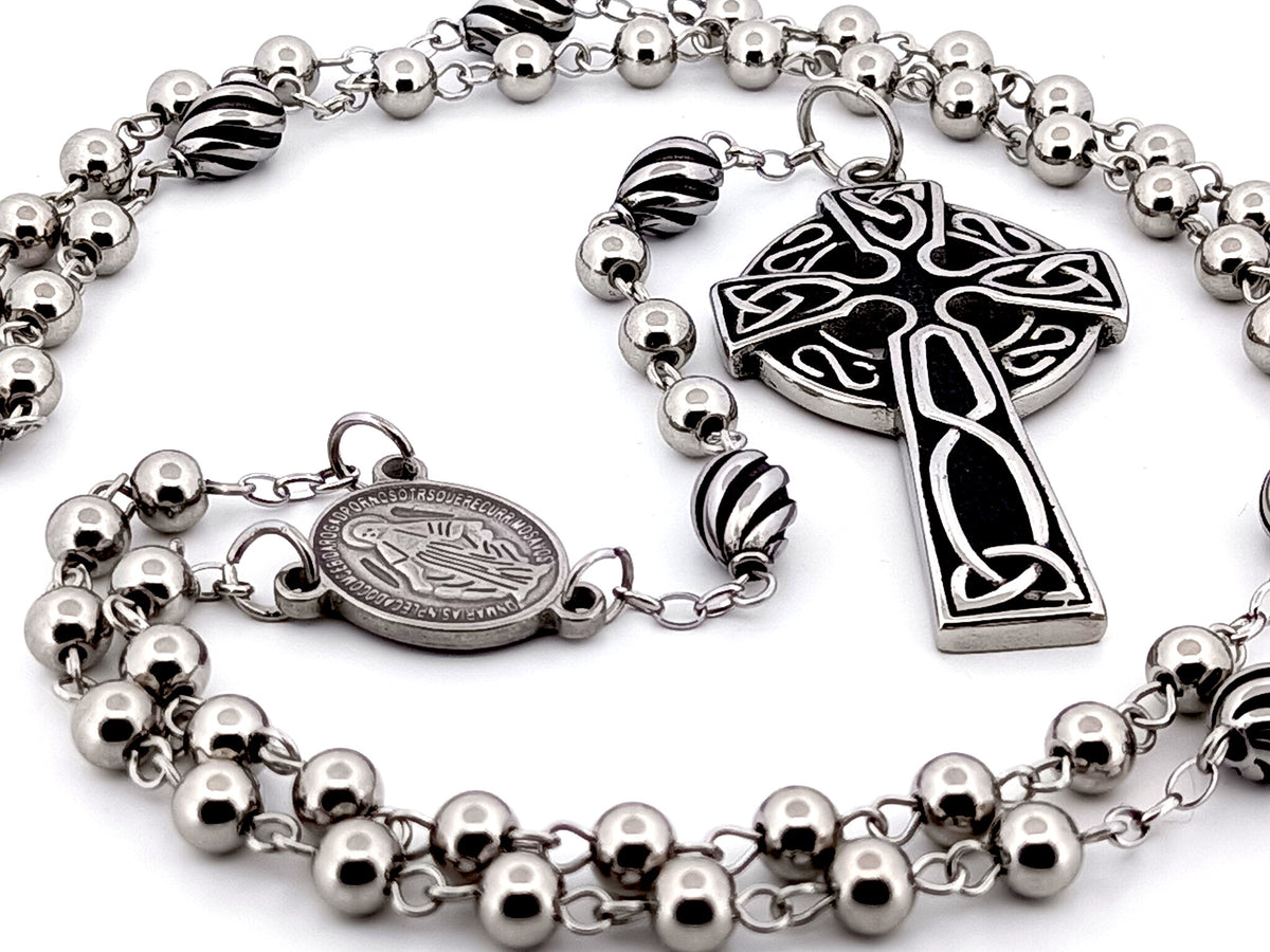 Miraculous Medal stainless steel unique rosary beads with stainless steel Celtic Cross.