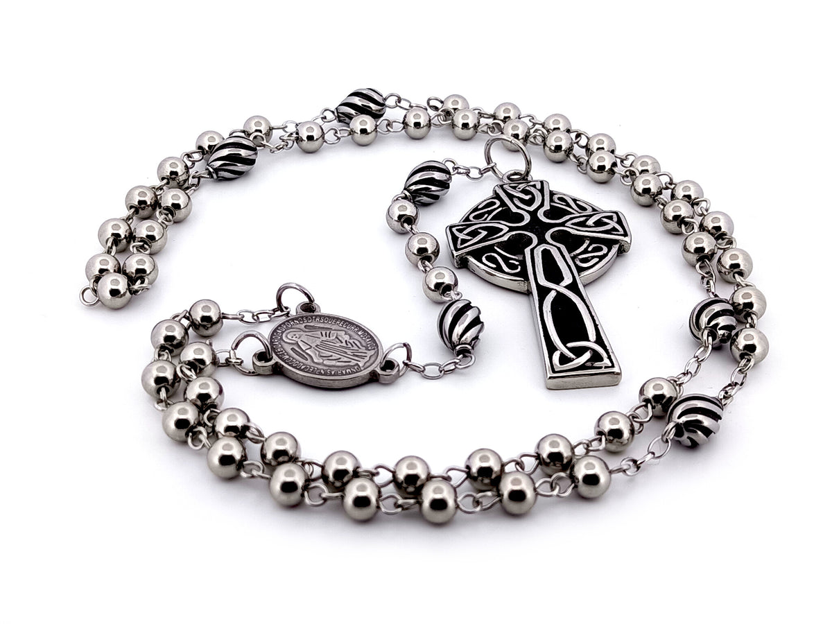 Miraculous Medal stainless steel unique rosary beads with stainless steel Celtic Cross.