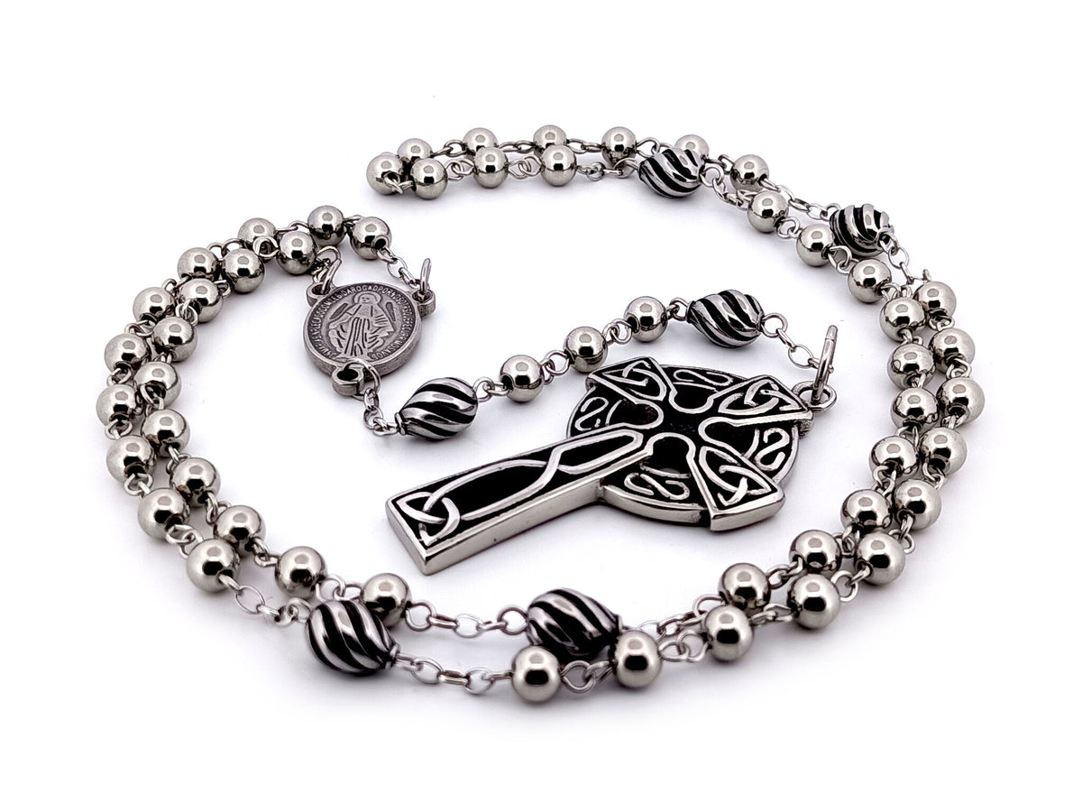 Miraculous Medal stainless steel unique rosary beads with stainless steel Celtic Cross.