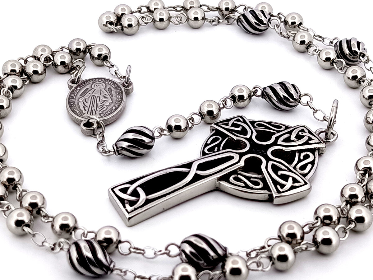 Miraculous Medal stainless steel unique rosary beads with stainless steel Celtic Cross.