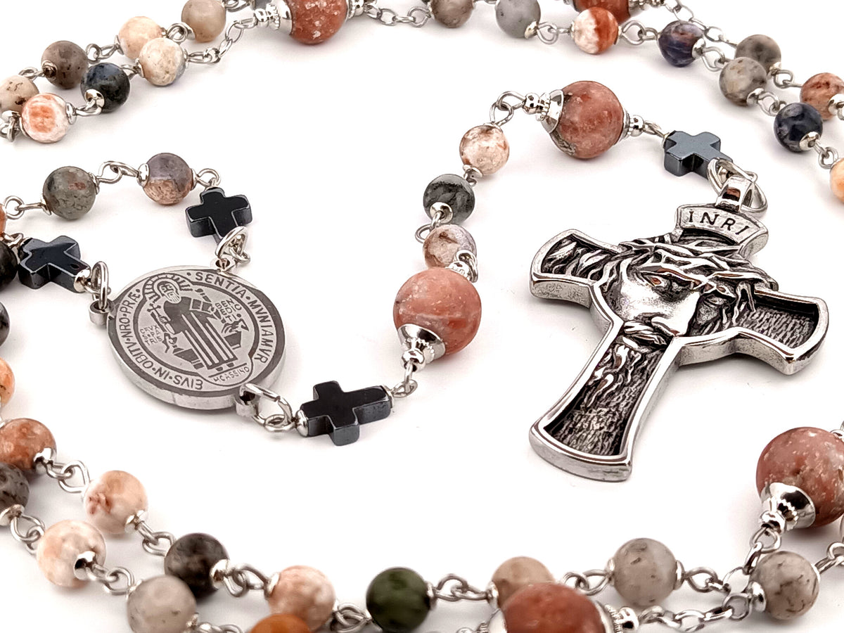 Saint Benedict rhodonite and sesame jasper gemstone unique rosary beads with stainless steel crown of thorns crucifix.