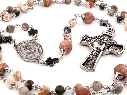 Saint Benedict rhodonite and sesame jasper gemstone unique rosary beads with stainless steel crown of thorns crucifix.