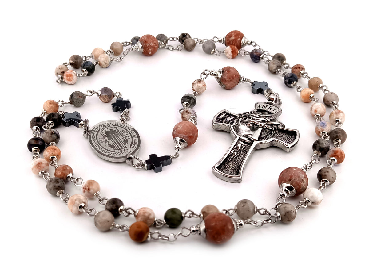 Saint Benedict rhodonite and sesame jasper gemstone unique rosary beads with stainless steel crown of thorns crucifix.