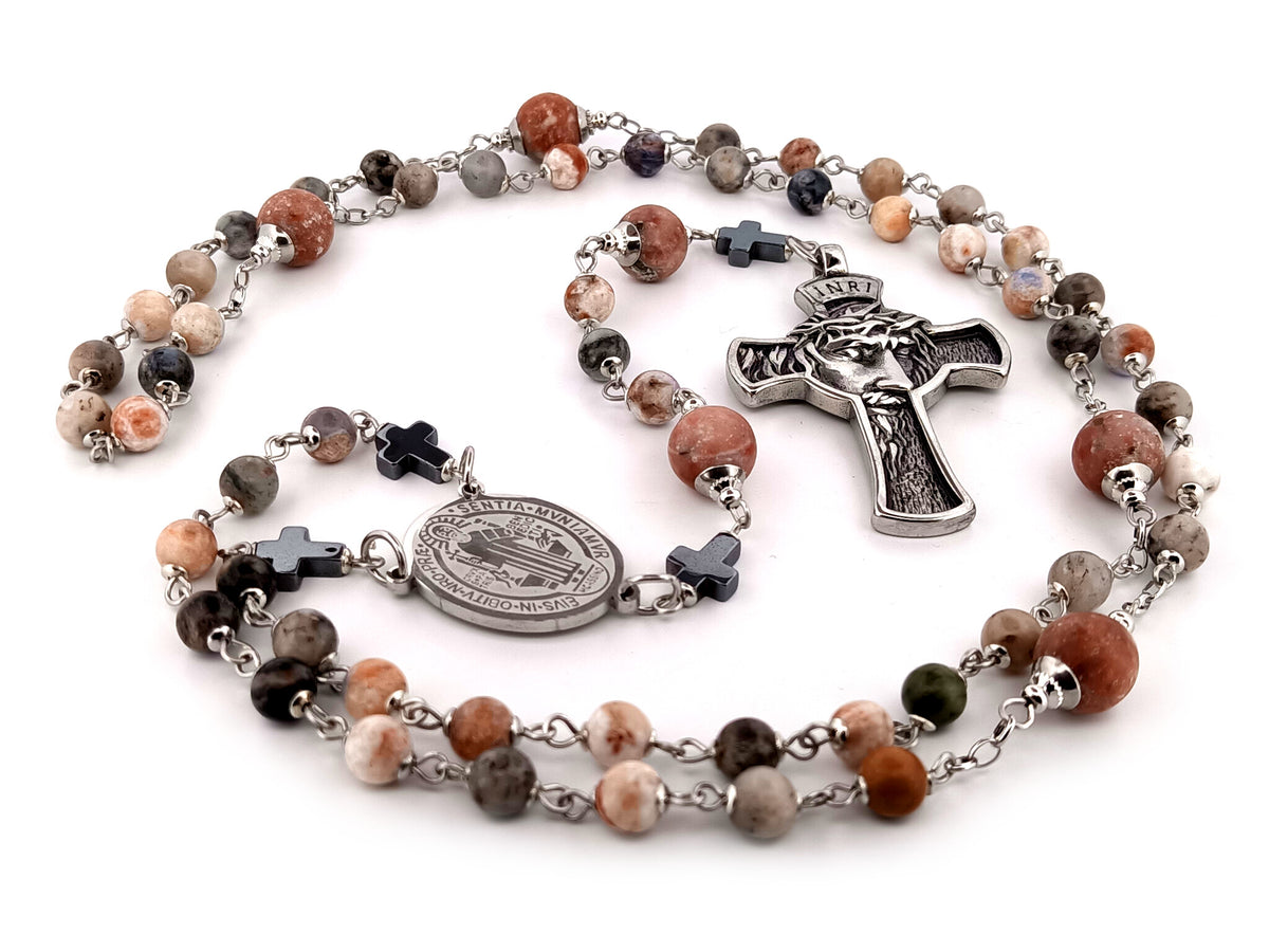 Saint Benedict rhodonite and sesame jasper gemstone unique rosary beads with stainless steel crown of thorns crucifix.