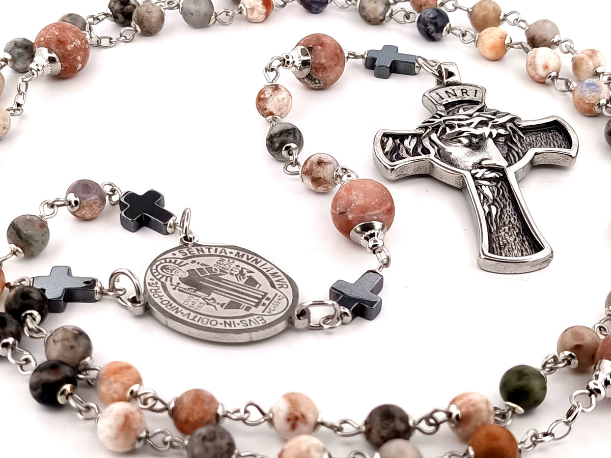 Saint Benedict rhodonite and sesame jasper gemstone unique rosary beads with stainless steel crown of thorns crucifix.