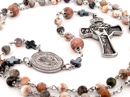Saint Benedict rhodonite and sesame jasper gemstone unique rosary beads with stainless steel crown of thorns crucifix.
