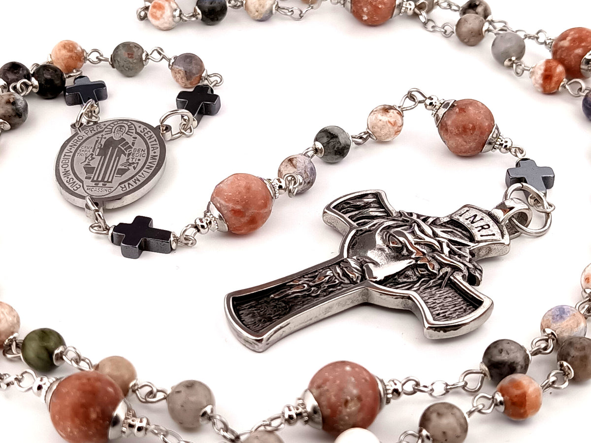Saint Benedict rhodonite and sesame jasper gemstone unique rosary beads with stainless steel crown of thorns crucifix.