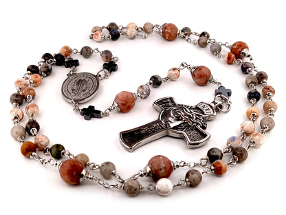 Saint Benedict rhodonite and sesame jasper gemstone unique rosary beads with stainless steel crown of thorns crucifix.