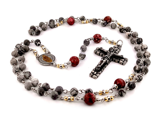 Saint Benedict map stone jasper and maifan gemstone unique rosary beads with cobble style crucifix.