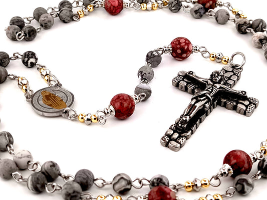 Saint Benedict map stone jasper and maifan gemstone unique rosary beads with cobble style crucifix.
