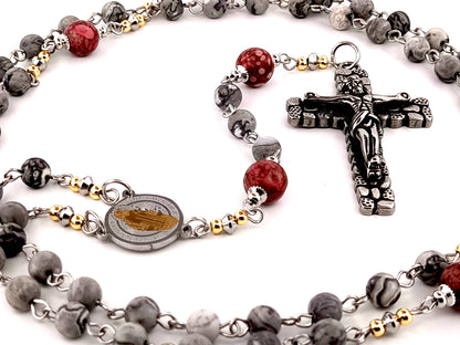 Saint Benedict map stone jasper and maifan gemstone unique rosary beads with cobble style crucifix.