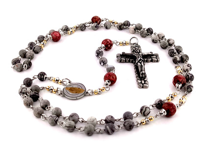 Saint Benedict map stone jasper and maifan gemstone unique rosary beads with cobble style crucifix.