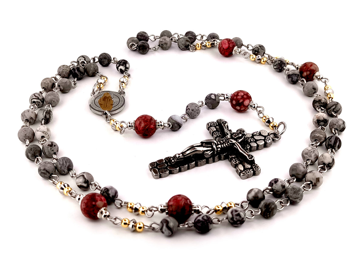 Saint Benedict map stone jasper and maifan gemstone unique rosary beads with cobble style crucifix.