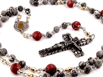 Saint Benedict map stone jasper and maifan gemstone unique rosary beads with cobble style crucifix.