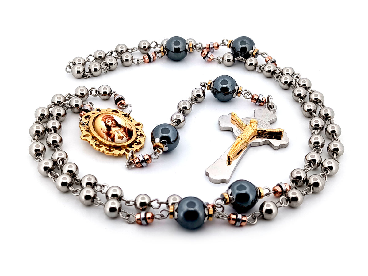 Christ the King stainless steel and hematite gemstone unique rosary beads with stainless steel Saint Benedict crucifix.