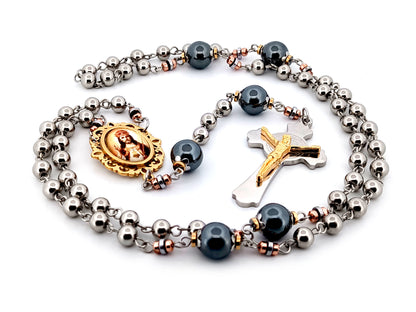 Christ the King stainless steel and hematite gemstone unique rosary beads with stainless steel Saint Benedict crucifix.