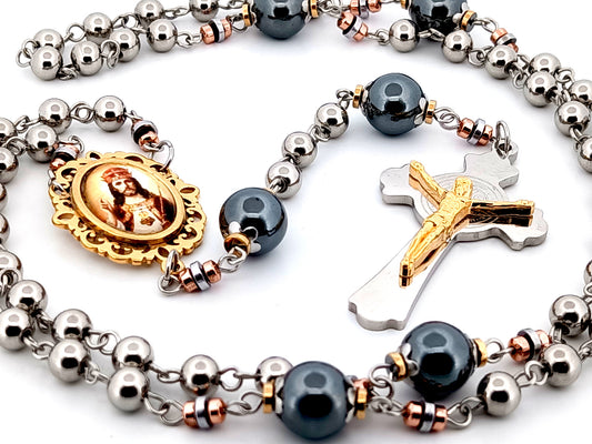 Christ the King stainless steel and hematite gemstone unique rosary beads with stainless steel Saint Benedict crucifix.