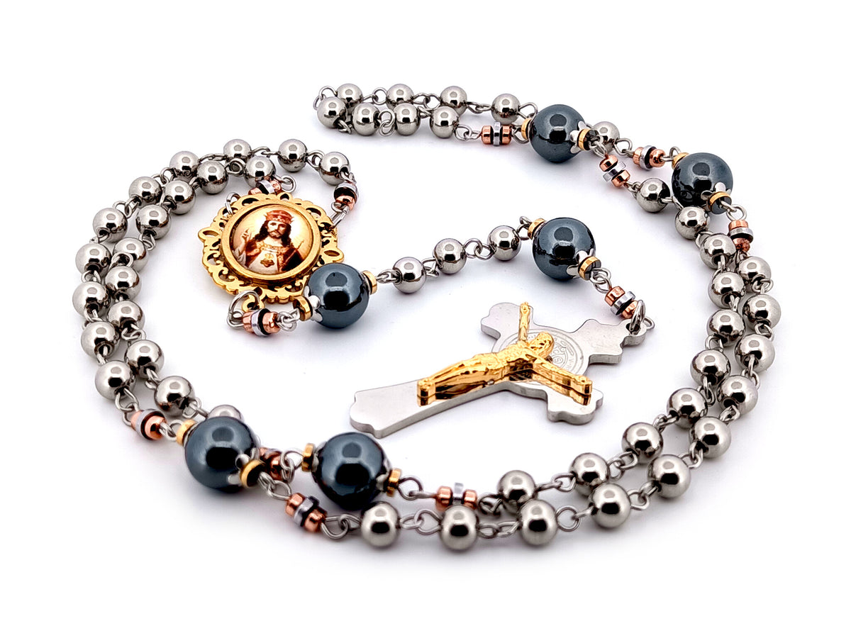 Christ the King stainless steel and hematite gemstone unique rosary beads with stainless steel Saint Benedict crucifix.