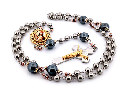 Christ the King stainless steel and hematite gemstone unique rosary beads with stainless steel Saint Benedict crucifix.