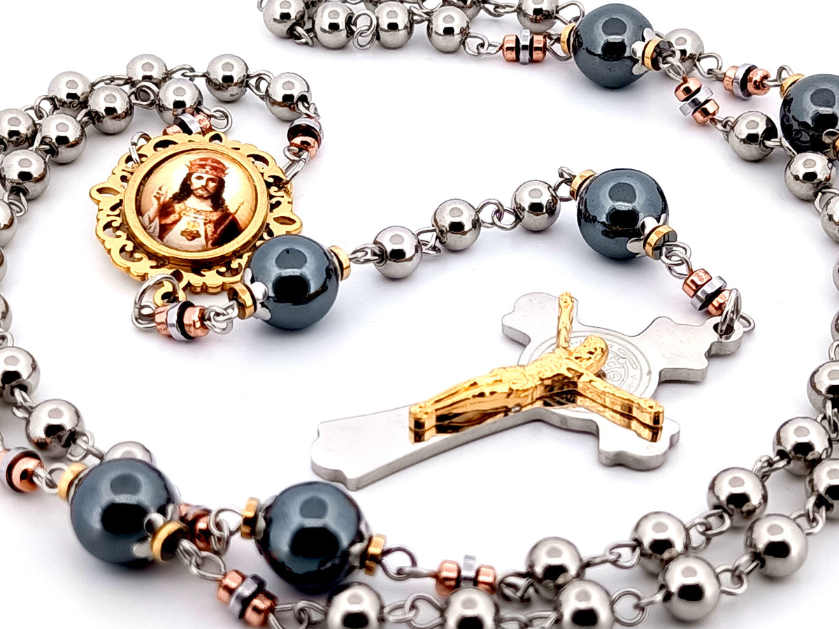 Christ the King stainless steel and hematite gemstone unique rosary beads with stainless steel Saint Benedict crucifix.