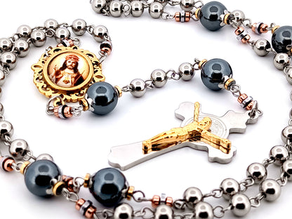 Christ the King stainless steel and hematite gemstone unique rosary beads with stainless steel Saint Benedict crucifix.