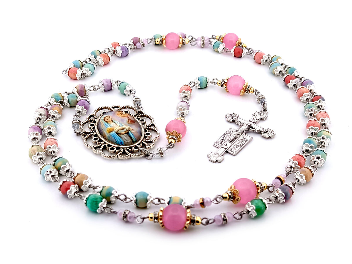 The Presentation of Jesus rainbow agate gemstone and cats eye glass unique rosary beads with two angels crucifix.
