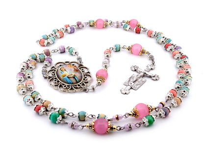 The Presentation of Jesus rainbow agate gemstone and cats eye glass unique rosary beads with two angels crucifix.