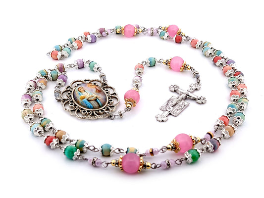 The Presentation of Jesus rainbow agate gemstone and cats eye glass unique rosary beads with two angels crucifix.