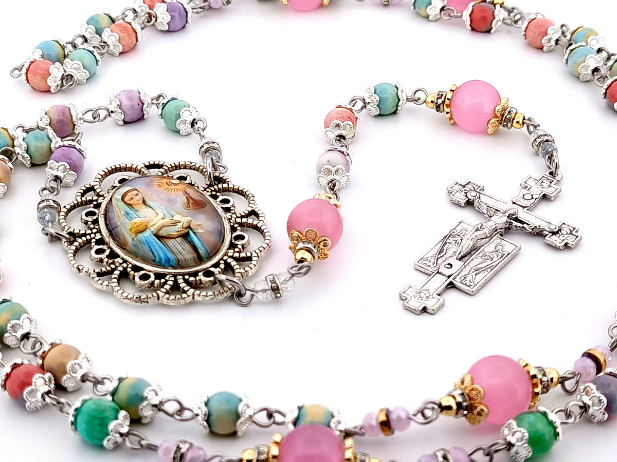 The Presentation of Jesus rainbow agate gemstone and cats eye glass unique rosary beads with two angels crucifix.