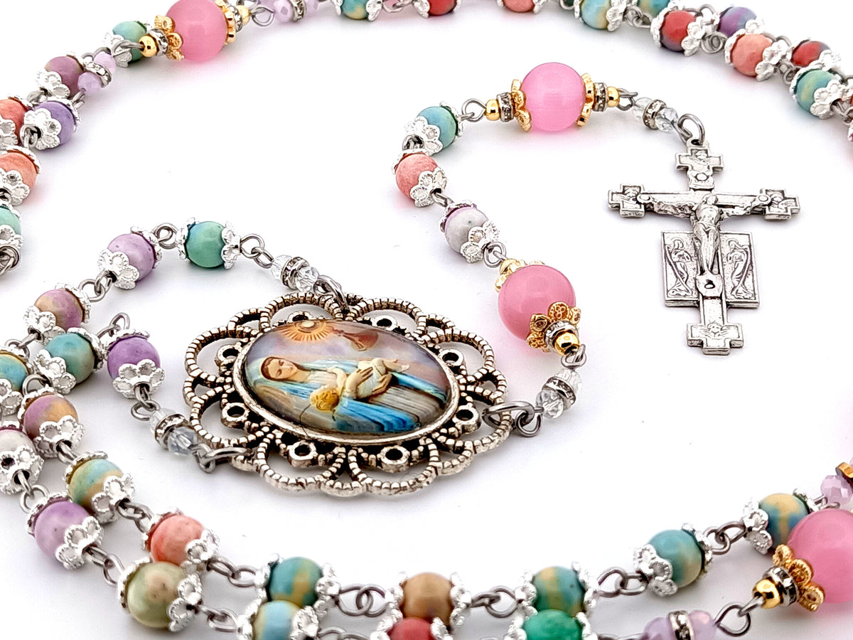The Presentation of Jesus rainbow agate gemstone and cats eye glass unique rosary beads with two angels crucifix.
