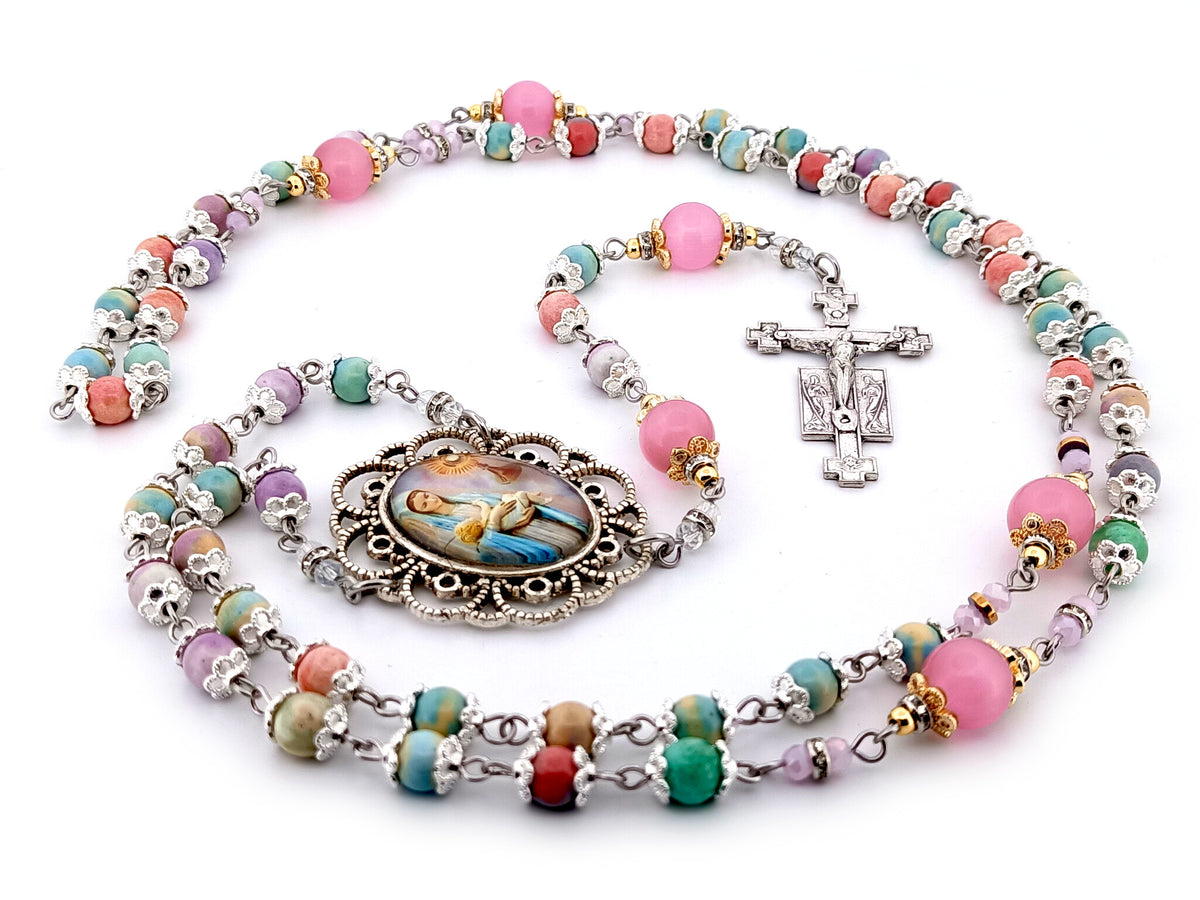 The Presentation of Jesus rainbow agate gemstone and cats eye glass unique rosary beads with two angels crucifix.