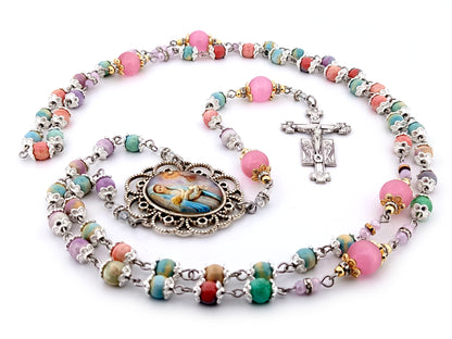 The Presentation of Jesus rainbow agate gemstone and cats eye glass unique rosary beads with two angels crucifix.