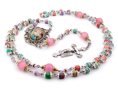 The Presentation of Jesus rainbow agate gemstone and cats eye glass unique rosary beads with two angels crucifix.