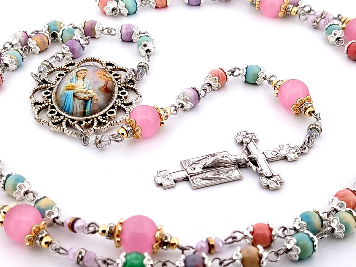 The Presentation of Jesus rainbow agate gemstone and cats eye glass unique rosary beads with two angels crucifix.