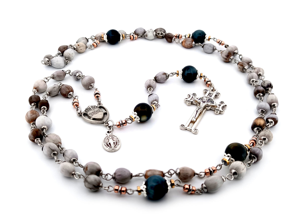 Sacred Heart job tears and tigers eye gemstone unique rosary beads with Saint Benedict scroll crucifix.