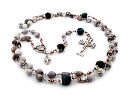 Sacred Heart job tears and tigers eye gemstone unique rosary beads with Saint Benedict scroll crucifix.