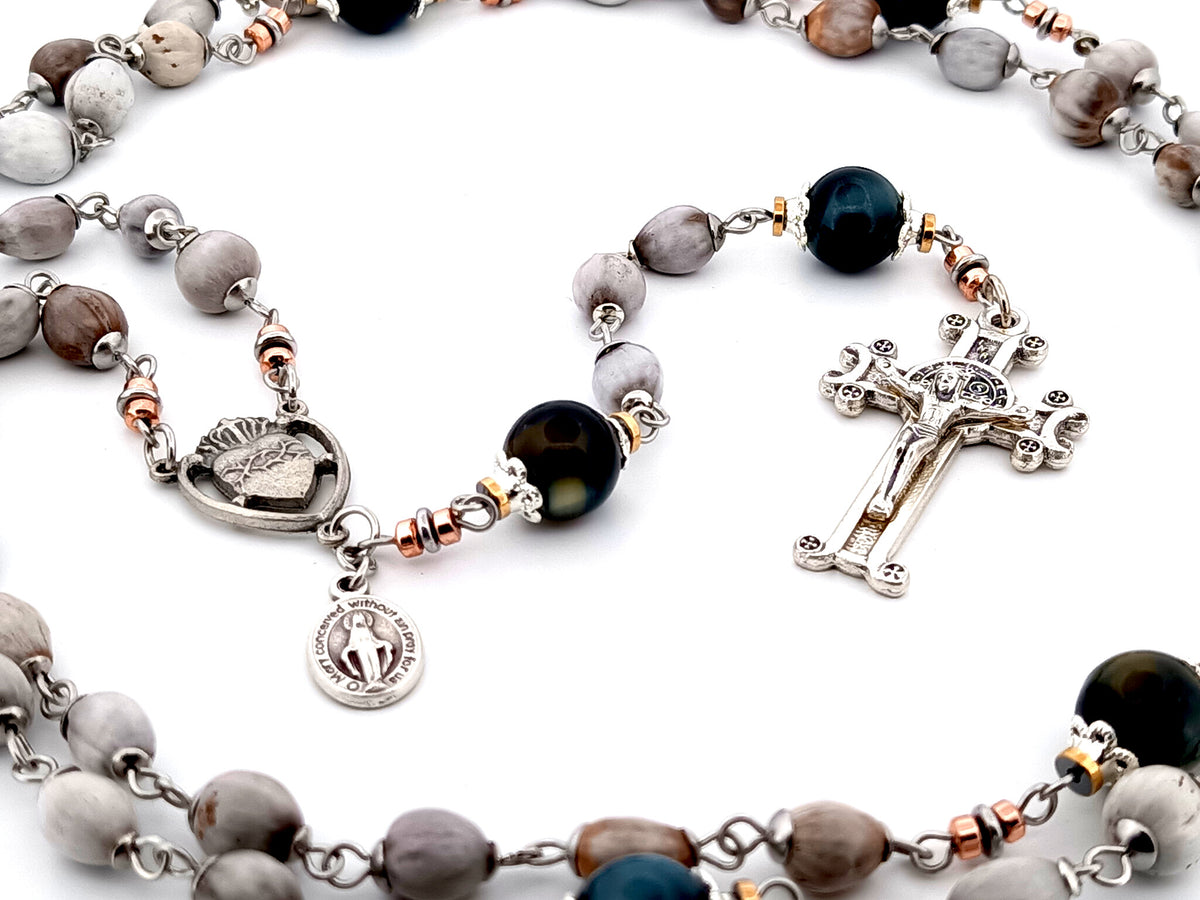 Sacred Heart job tears and tigers eye gemstone unique rosary beads with Saint Benedict scroll crucifix.