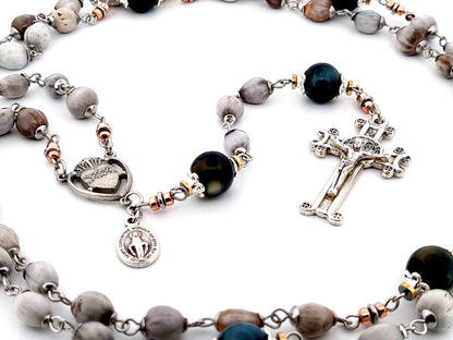 Sacred Heart job tears and tigers eye gemstone unique rosary beads with Saint Benedict scroll crucifix.
