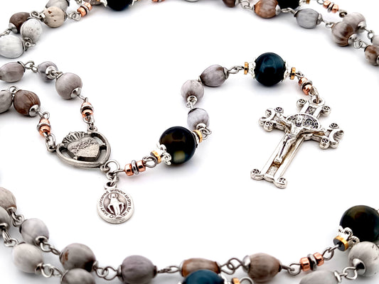 Sacred Heart job tears and tigers eye gemstone unique rosary beads with Saint Benedict scroll crucifix.
