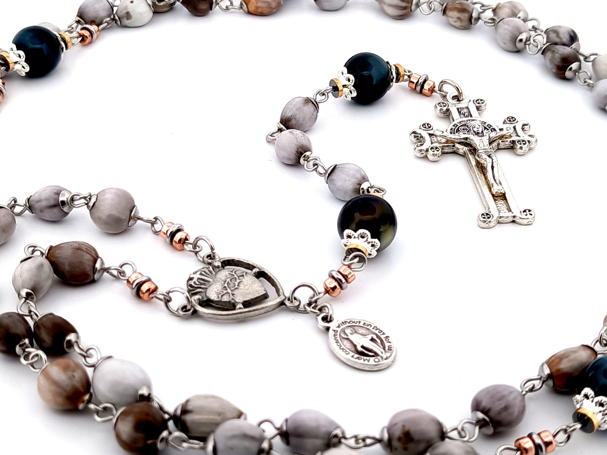 Sacred Heart job tears and tigers eye gemstone unique rosary beads with Saint Benedict scroll crucifix.
