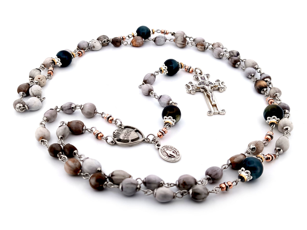 Sacred Heart job tears and tigers eye gemstone unique rosary beads with Saint Benedict scroll crucifix.