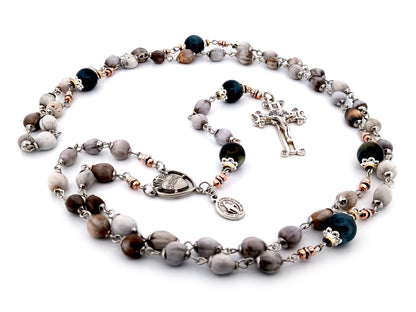 Sacred Heart job tears and tigers eye gemstone unique rosary beads with Saint Benedict scroll crucifix.