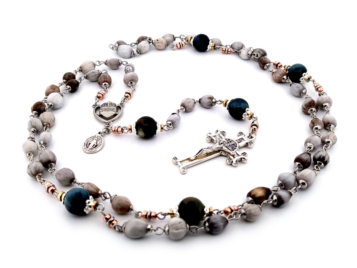 Sacred Heart job tears and tigers eye gemstone unique rosary beads with Saint Benedict scroll crucifix.