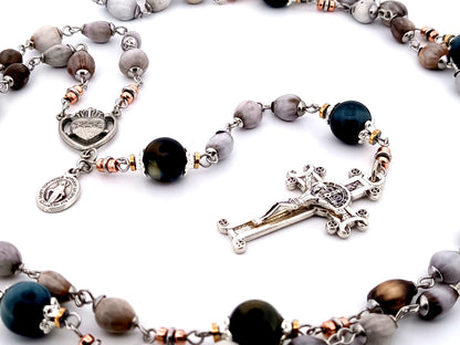 Sacred Heart job tears and tigers eye gemstone unique rosary beads with Saint Benedict scroll crucifix.