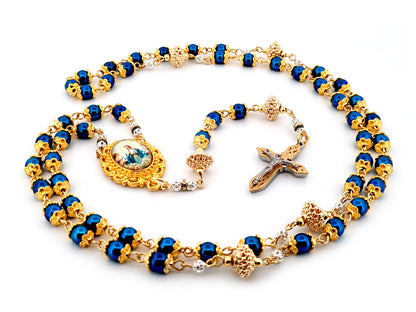 The Assumption of Mary blue hematite gemstone and gold unique rosary beads with layered stainless steel crucifix.