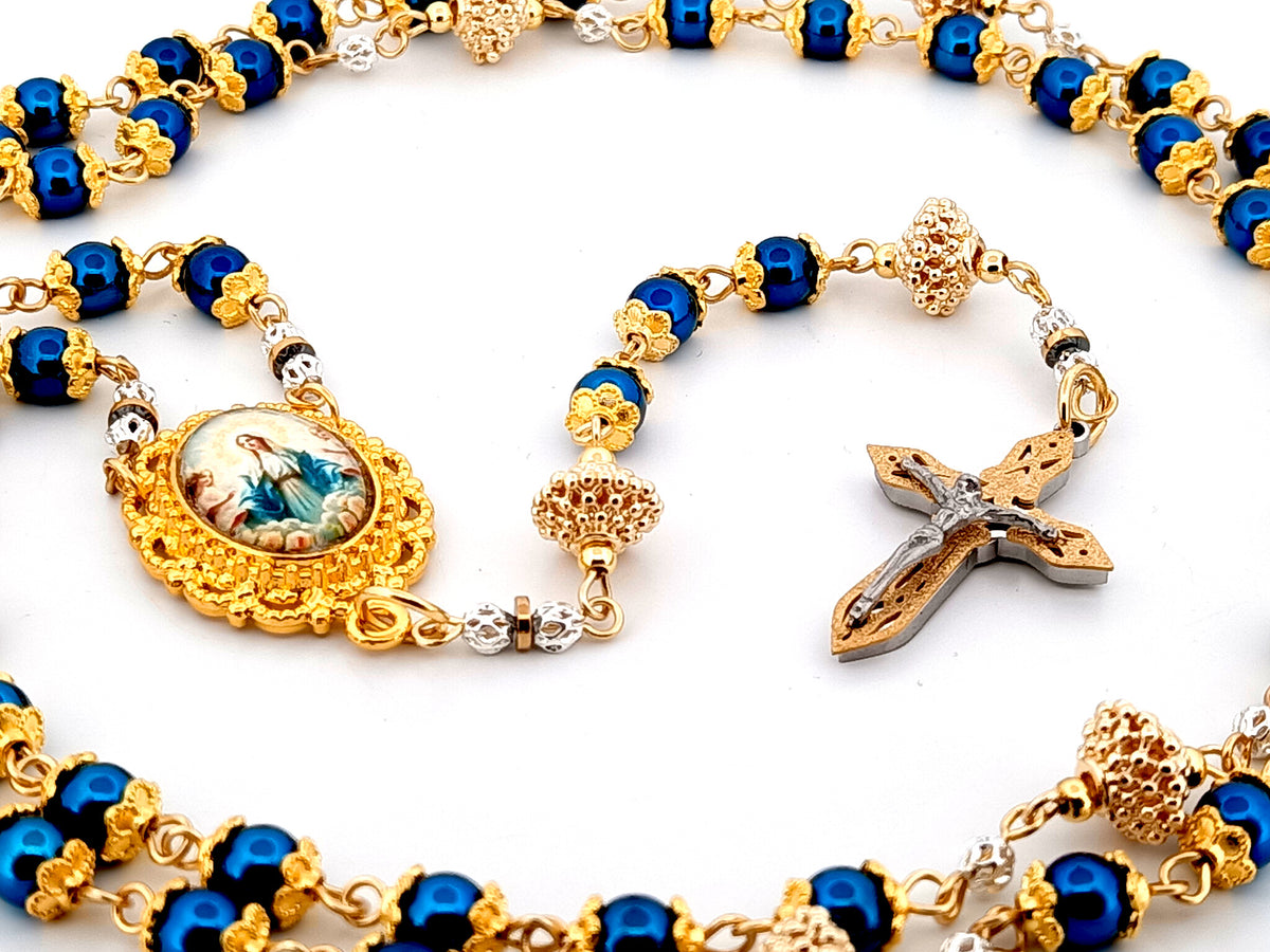 The Assumption of Mary blue hematite gemstone and gold unique rosary beads with layered stainless steel crucifix.