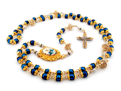 The Assumption of Mary blue hematite gemstone and gold unique rosary beads with layered stainless steel crucifix.