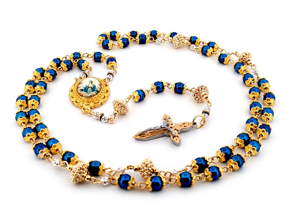 The Assumption of Mary blue hematite gemstone and gold unique rosary beads with layered stainless steel crucifix.