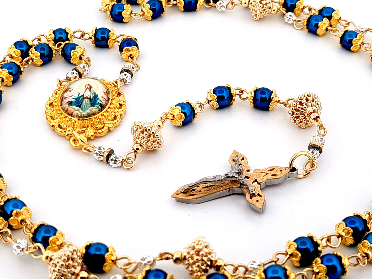 The Assumption of Mary blue hematite gemstone and gold unique rosary beads with layered stainless steel crucifix.